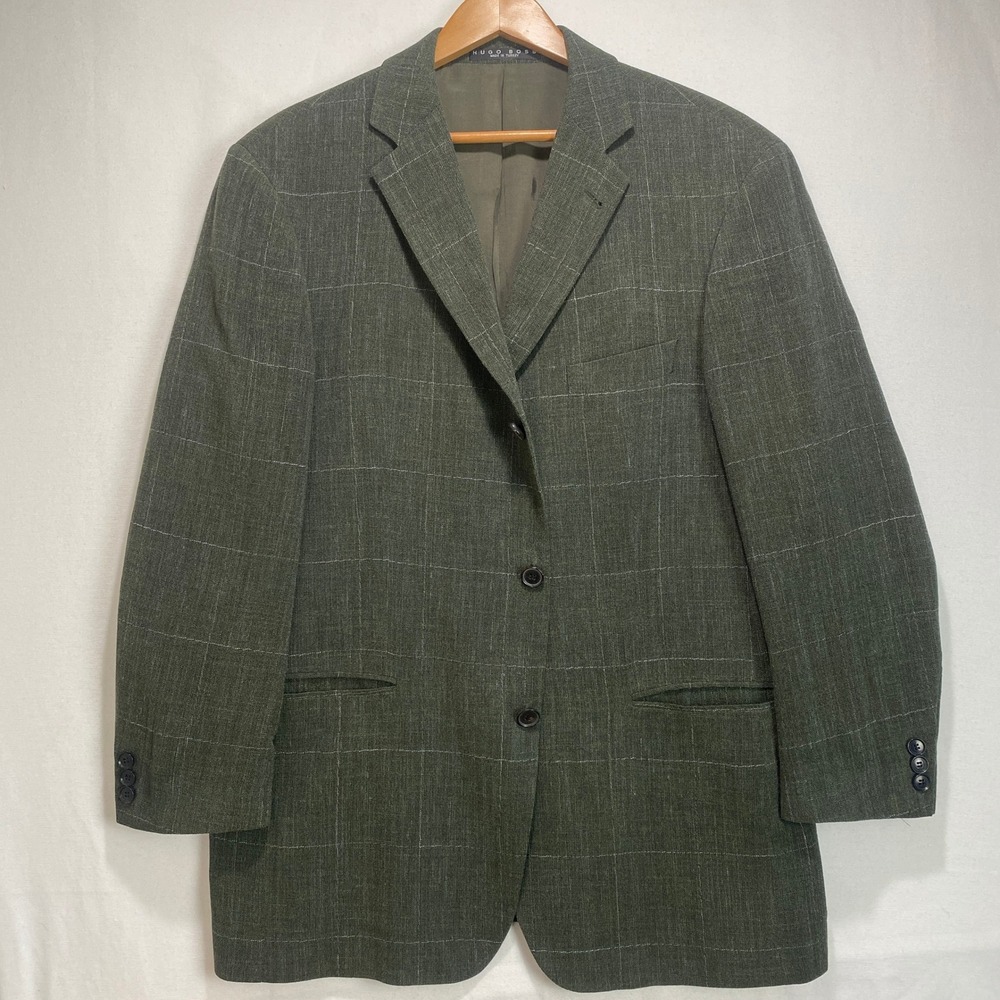 Hugo Boss Mars US Olive Green Windowpane Wool Linen Blazer Sport Coat 42S Mens - Picture 2 of 13